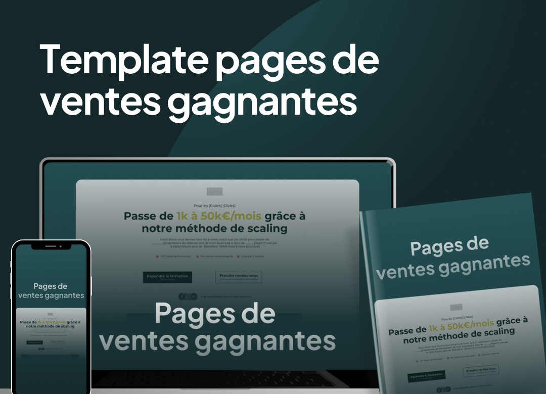 Visuel des templates des pages de ventes gagnantes, montrant différents formats de contenu sur un ordinateur portable, un téléphone et un livre, avec une promesse de passer de 1k à 50k€/mois grâce à une méthode de scaling.
