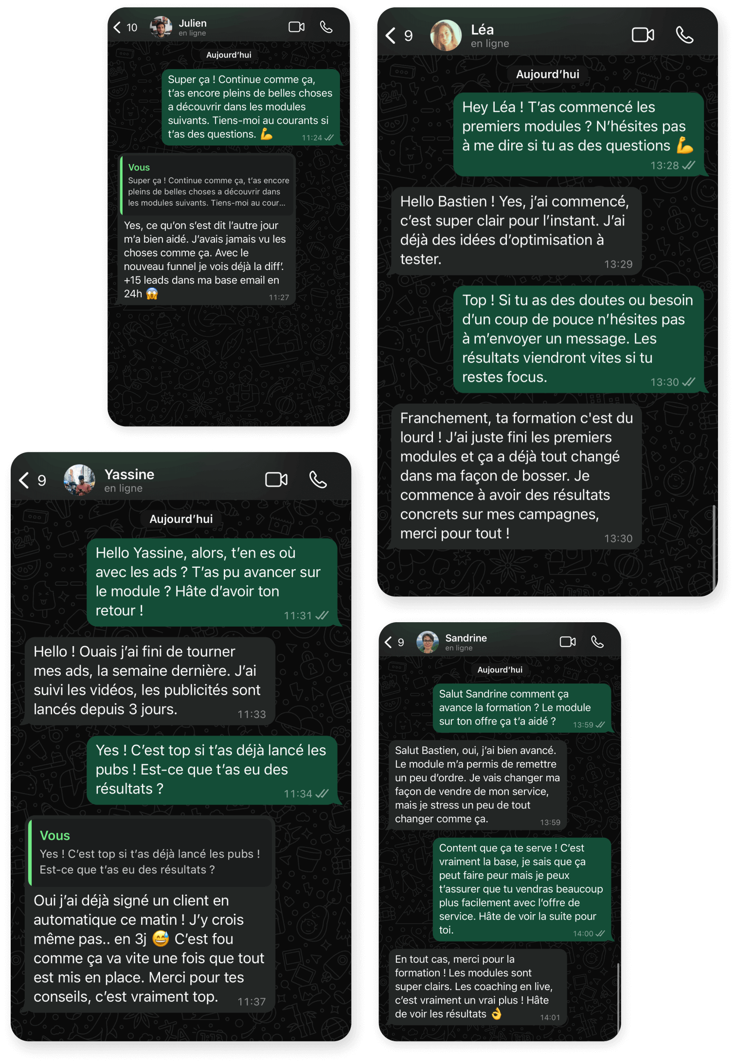 Conversations WhatsApp avec plusieurs personnes partageant des retours sur la formation Hint Club, mentionnant des résultats concrets obtenus grâce aux modules et aux conseils de Bastien.
