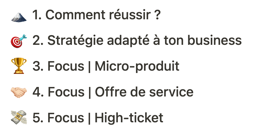 Screen d'une liste Notion du détail du module 1 : 1. Comment réussir ? 2. Stratégie adaptée à ton business 3. Focus | Micro-produit 4. Focus | Offre de service 5. Focus | High-ticket