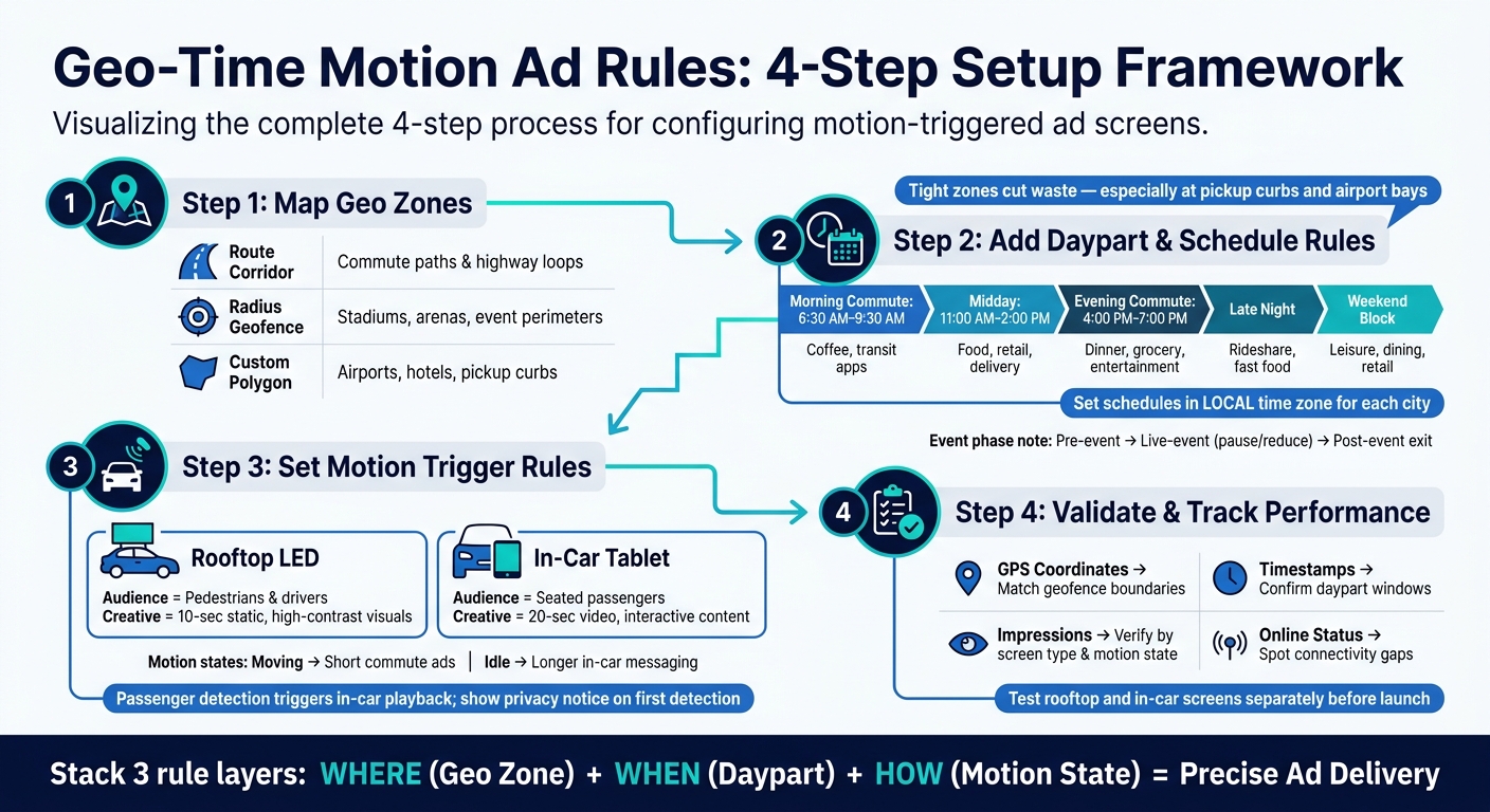 Geo-Time Motion Ad Rules: 4-Step Setup Framework