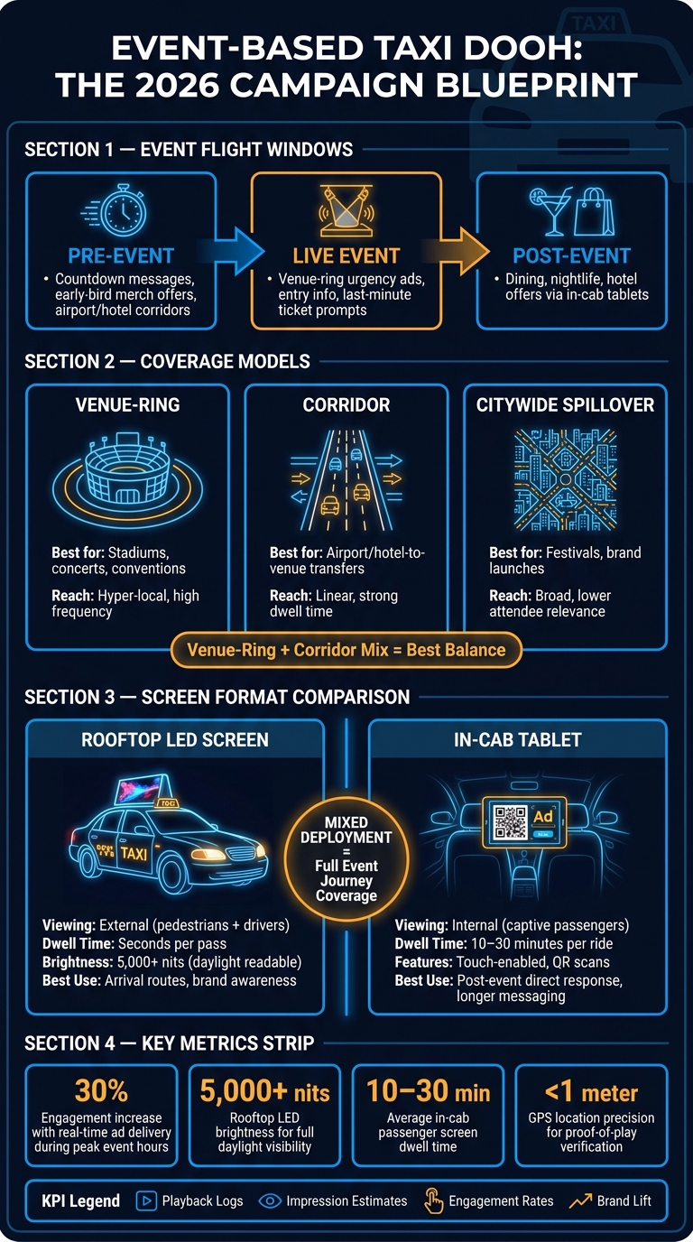Event-Based Taxi DOOH: Screen Formats, Coverage Models & KPIs at a Glance
