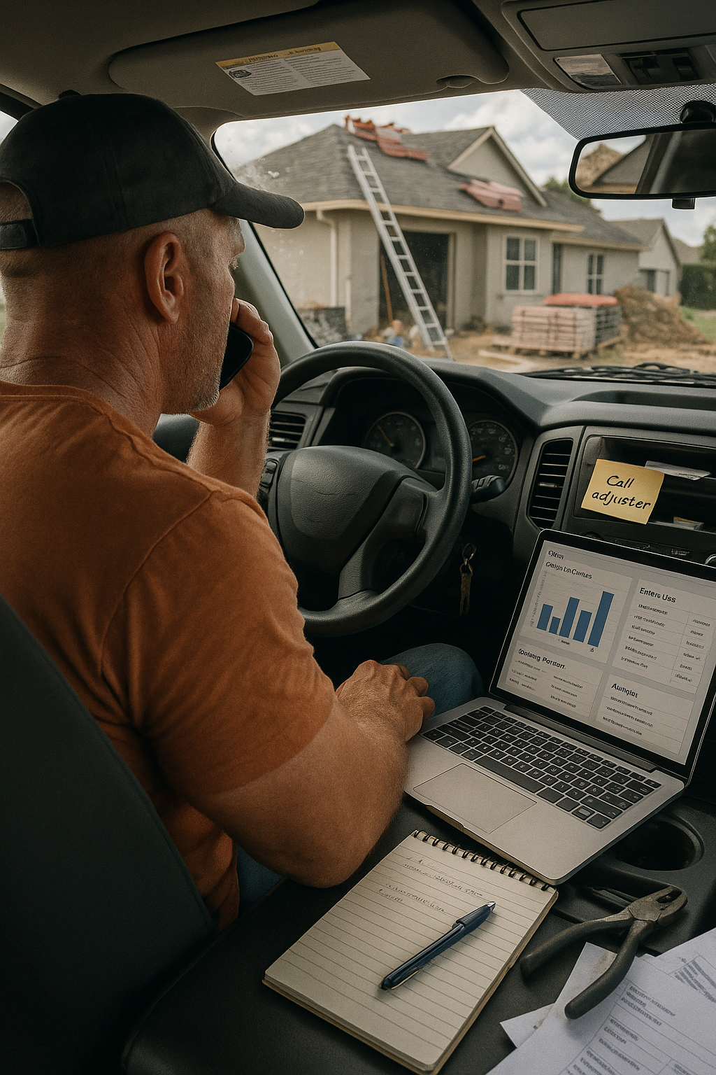Roofing company owner tracking leads, workflow, and KPIs on CRM dashboard in car