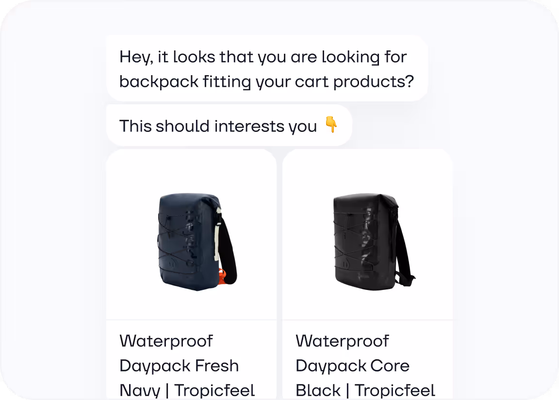 Two waterproof daypacks from Tropicfeel: a navy blue Fresh model and a black Core model, displayed with a suggestion message.