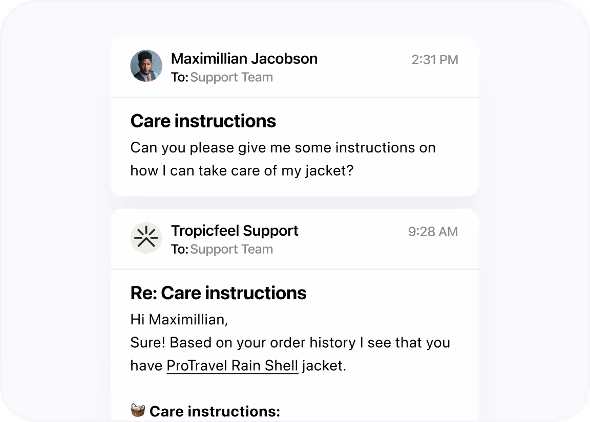 Email exchange where Maximillian Jacobson asks support team for care instructions for his jacket, and Tropicfeel Support replies referencing a ProTravel Rain Shell jacket.