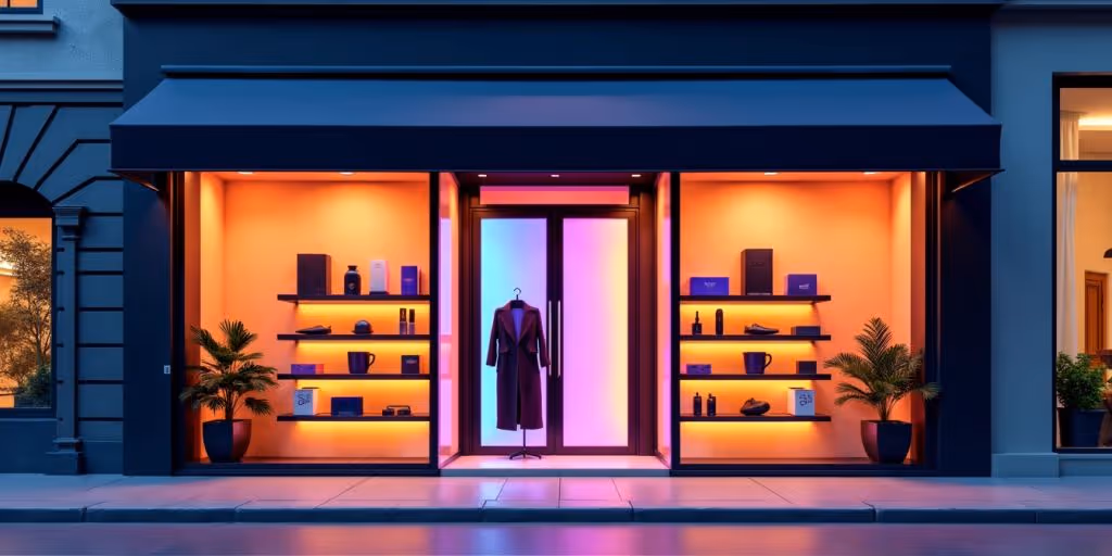 Modern ecommerce storefront with vibrant colors and tech elements.