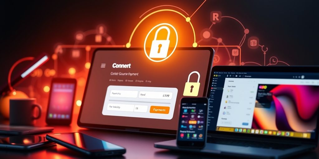 Ecommerce interface with secure payment gateway and devices.