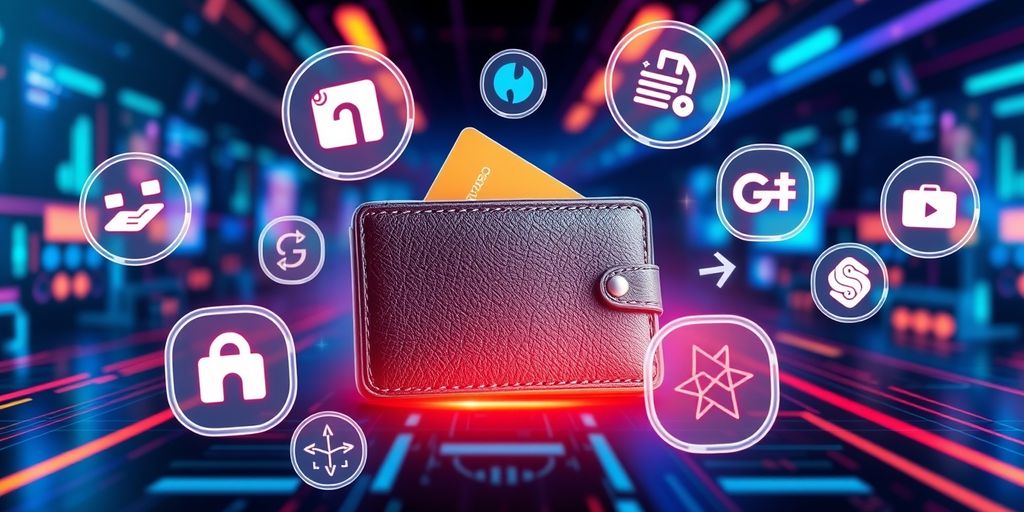 Digital wallet with payment icons on a tech background.