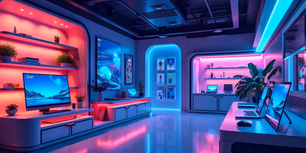 Futuristic eCommerce scene with advanced technology and devices.