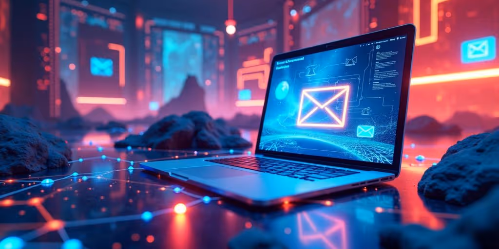 Futuristic digital landscape with interconnected devices and technology.