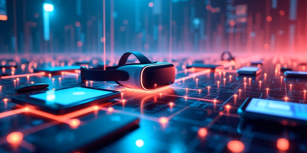 Futuristic digital landscape with interconnected devices and colors.