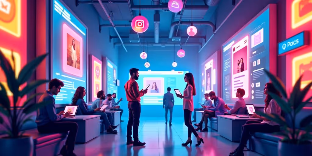 Futuristic scene of small businesses using technology.