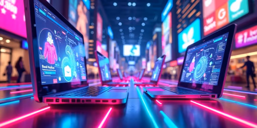 Futuristic technology in a vibrant e-commerce setting.