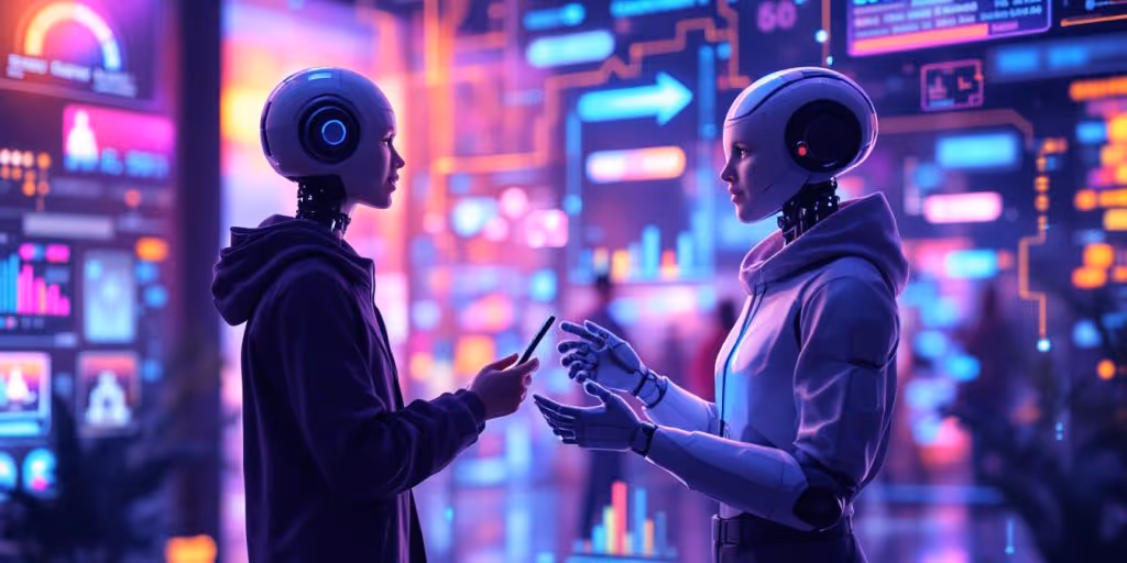 Futuristic e-commerce scene with a chatbot interaction.