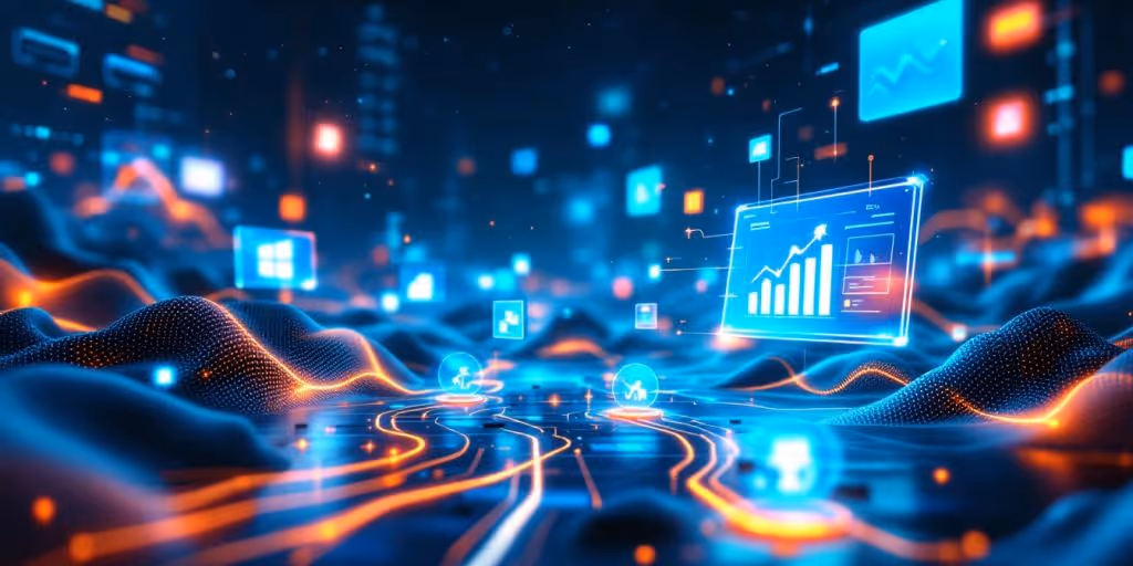 Futuristic digital landscape with interconnected devices for eCommerce.