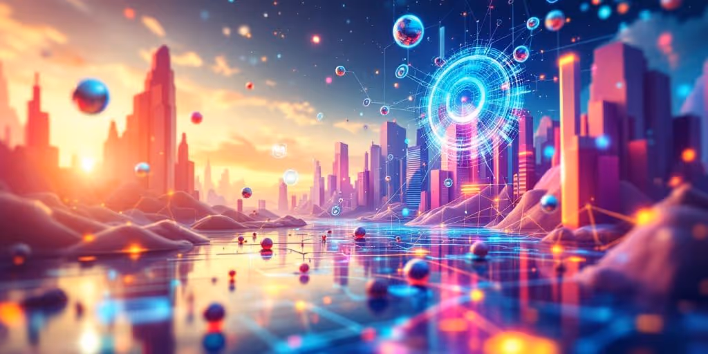 Futuristic digital landscape with technology and e-commerce elements.