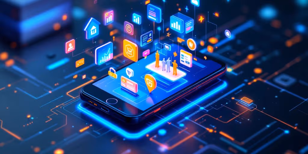 Futuristic mobile device with e-commerce elements and icons.