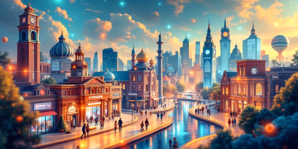 Futuristic e-commerce scene with local landmarks and technology.