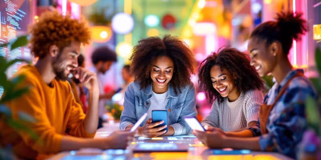 Futuristic e-commerce scene with diverse customers and technology.