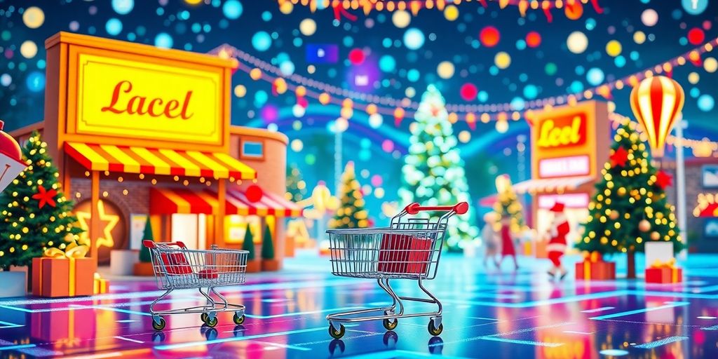 Futuristic ecommerce scene with local businesses and seasonal themes.