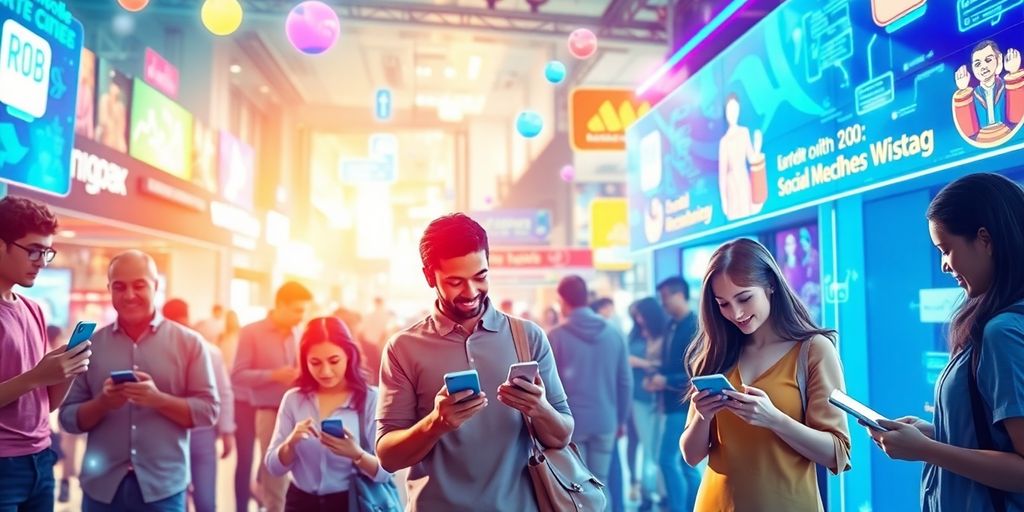 Diverse people using devices in a digital landscape.