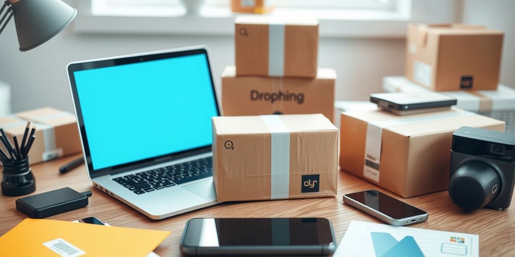 Modern workspace with laptop, smartphone, and shipping boxes.
