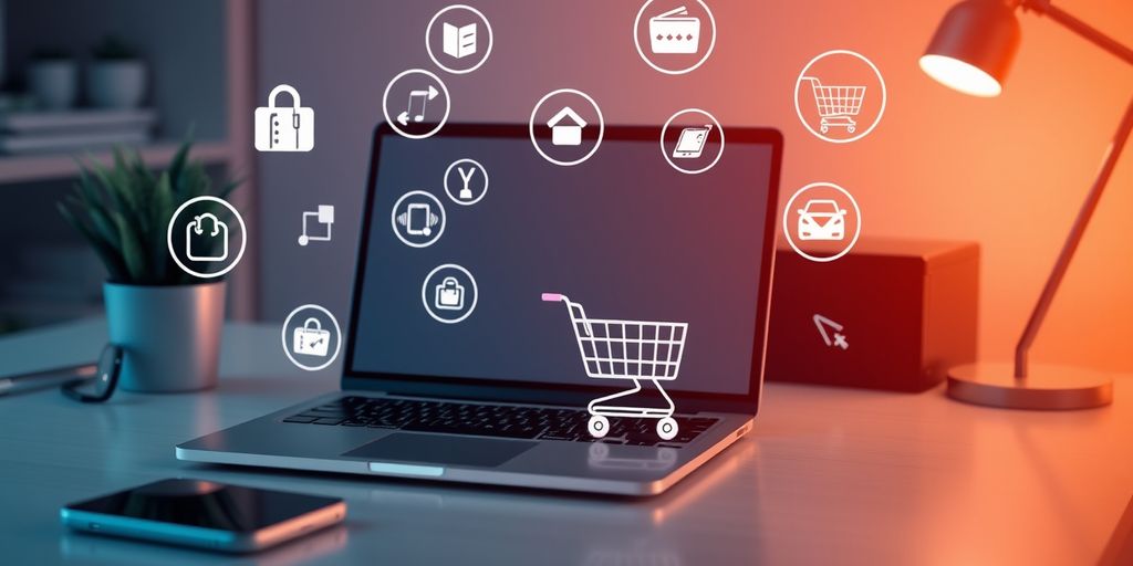 Ecommerce workspace with laptop and shopping cart icons.