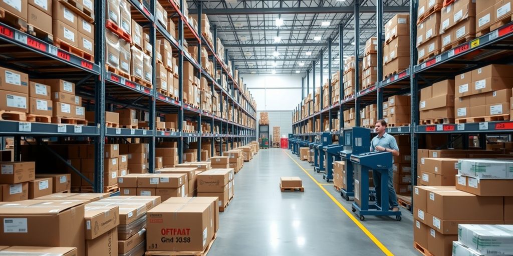 Modern warehouse with organized packages and automated systems.