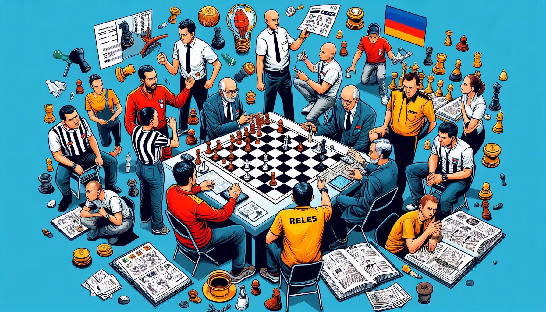 illustration of referees and arbiters franticly observing a chess board