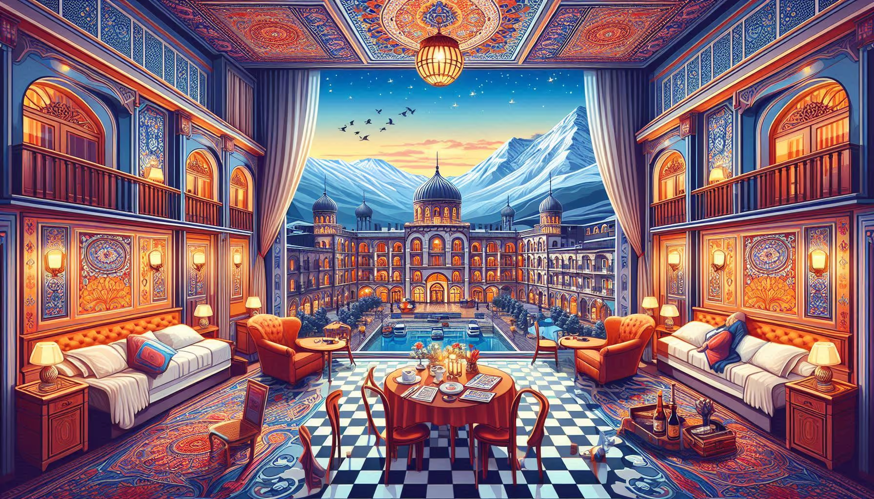 illustration of buses, taxis, and people walking in yerevan