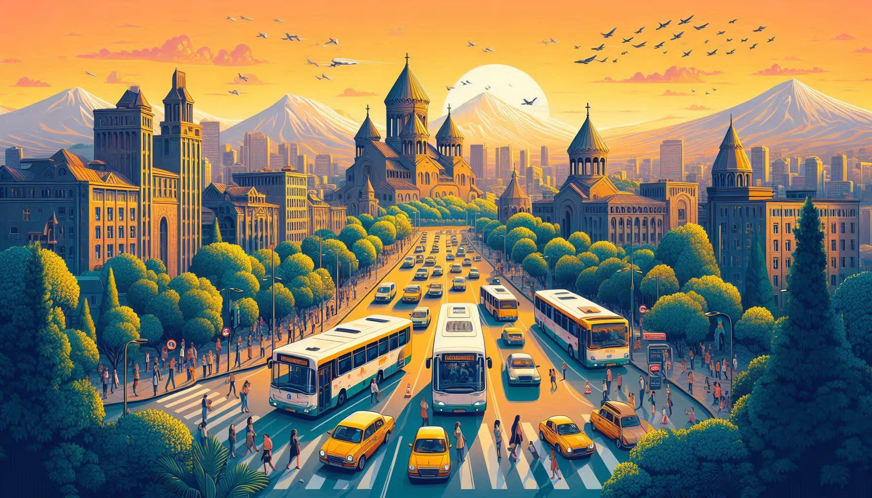 illustration of buses and taxis and people walking in yerevan