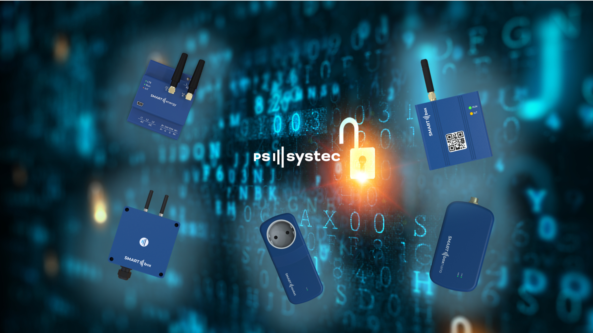 Darstellung des PSsystec SMARTbox-Portfolios vor einem digitalen Sicherheits-Hintergrund mit Matrix-Codes und einem beleuchteten Schloss-Symbol. Zu sehen sind verschiedene IoT-Geräte aus dem SMARTbox-Portfolio, die als sichere, mobilfunkbasierte Embedded-Systeme für Monitoring, Energieerfassung und Fernwartung eingesetzt werden.