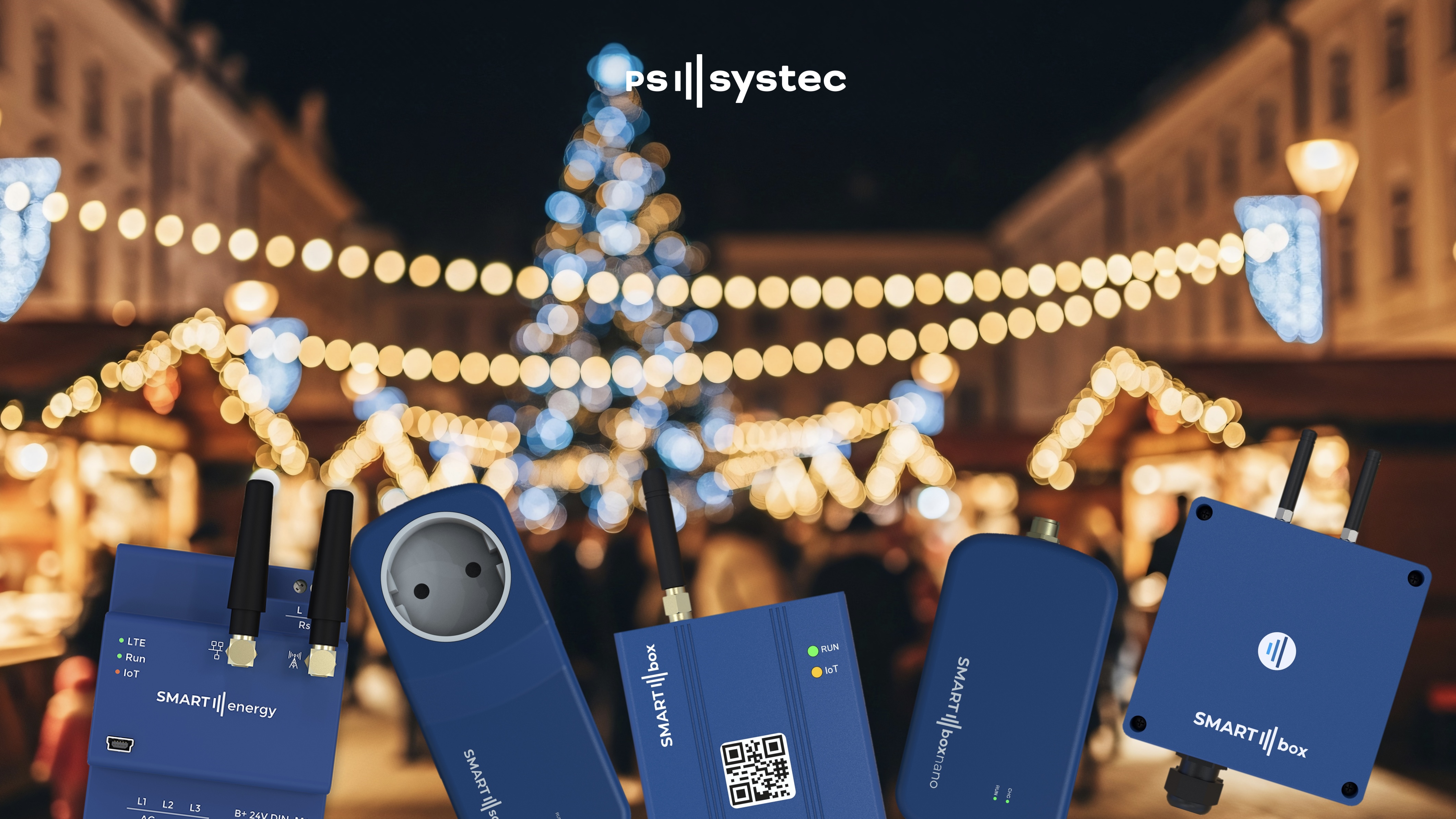 Evening Christmas market, smartbox products in the foreground