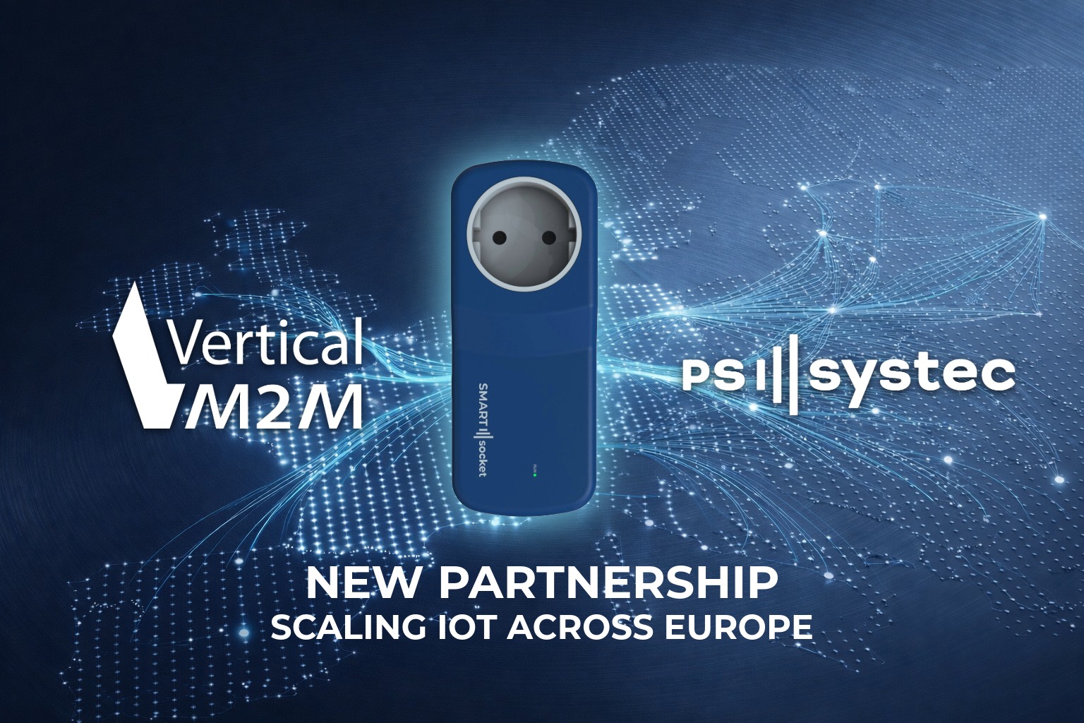 Map of Europe with glowing network lines, SMARTsocket, and logos of Vertical M2M and PSsystec
