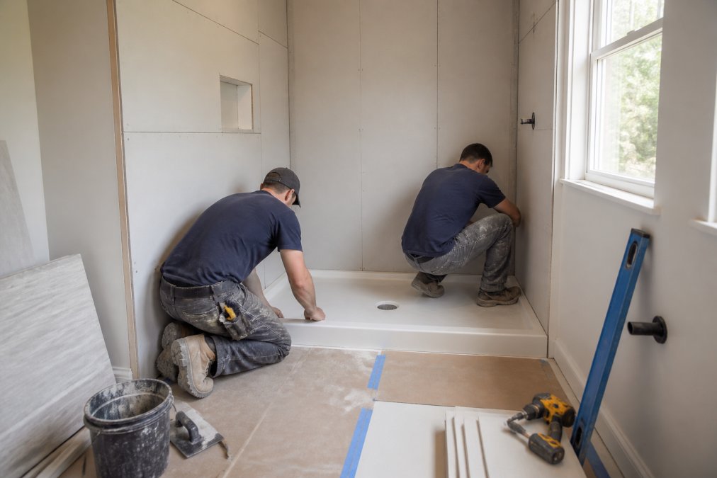 Remodeling crew installing a shower pan and backer board during a project that impacts shower installation cost.