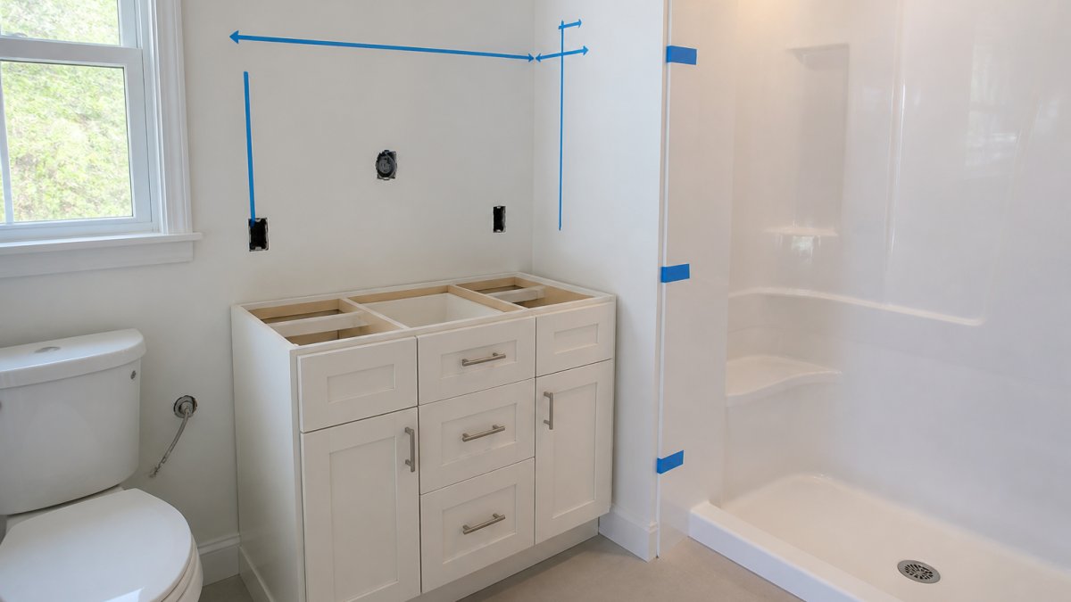 Walls marked with blue tape for a bathroom remodel one day installation with empty counters and clear fixtures.
