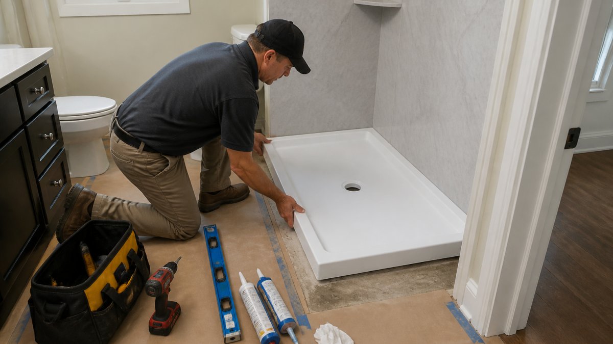 A professional installer in a residential bathroom fitting a white acrylic shower pan over a prepared subfloor, with tools and protective floor coverings visible nearby