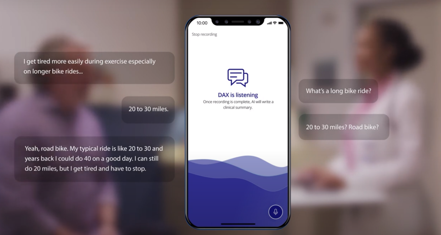 Dax on a mobile device with speech bubbles indicating the patient and doctor conversation