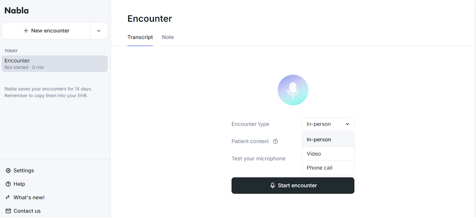 Nabla AI scribe with options for encounter type, patient context, test your microphone, and "Start encounter" button.