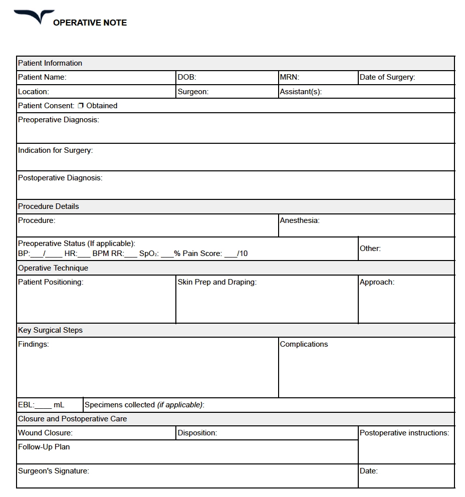 Operative Note Example with fillable sections