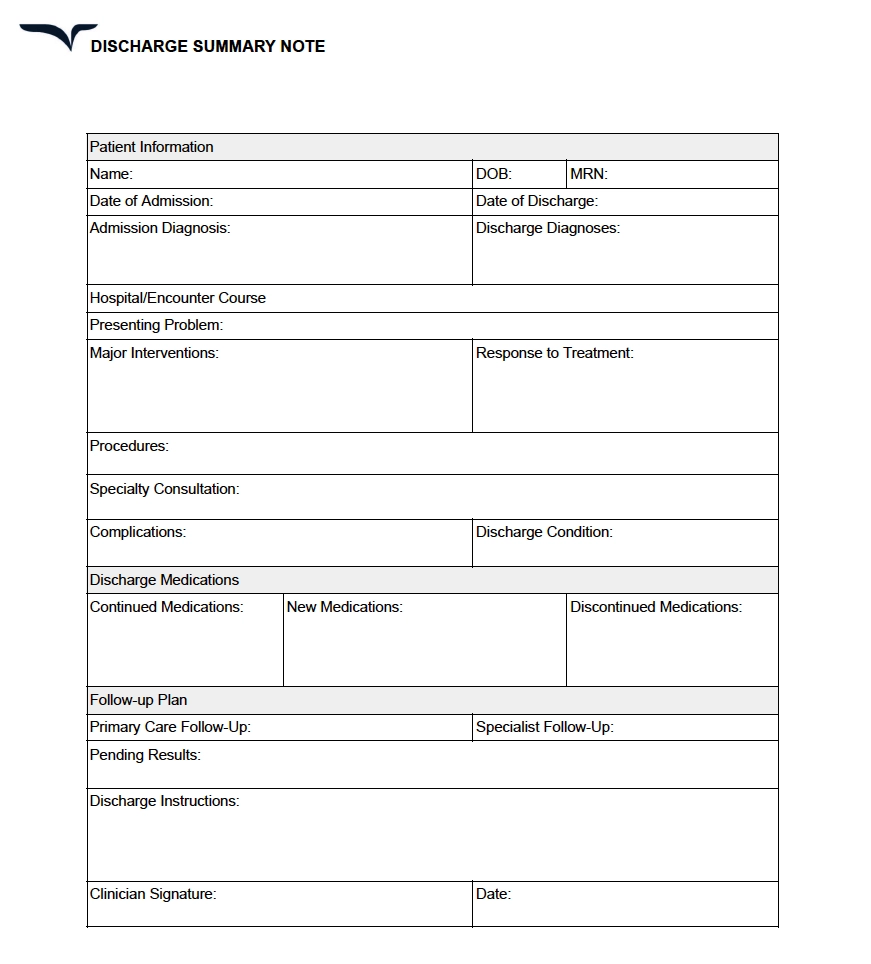 Discharge summary note example with fillable sections and signature