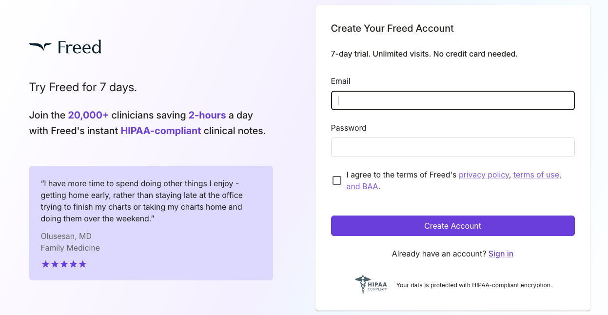 Create a free account with Freed's 7-day trial
