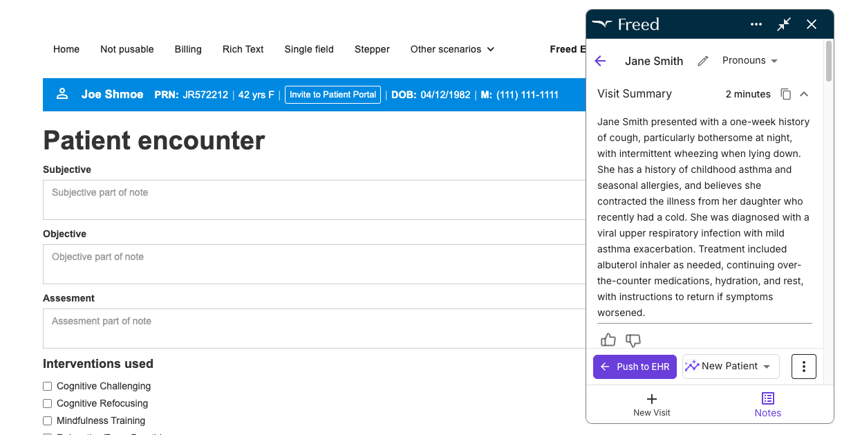 Launch Freed's Chrome extension in your EHR. Open the patient's chart. Click "Push to EHR"