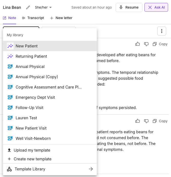 Templates dropdown in reed dashboard. Text: My library, New Patient, Returning Patient