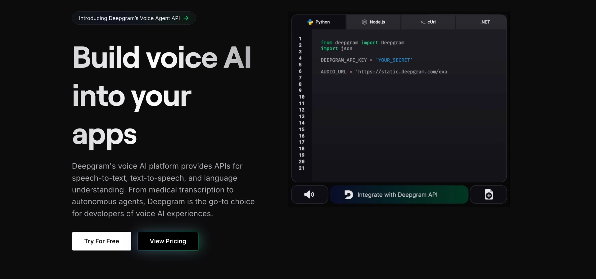 Deepgram home page with text "Build Voice AI into Your Apps"