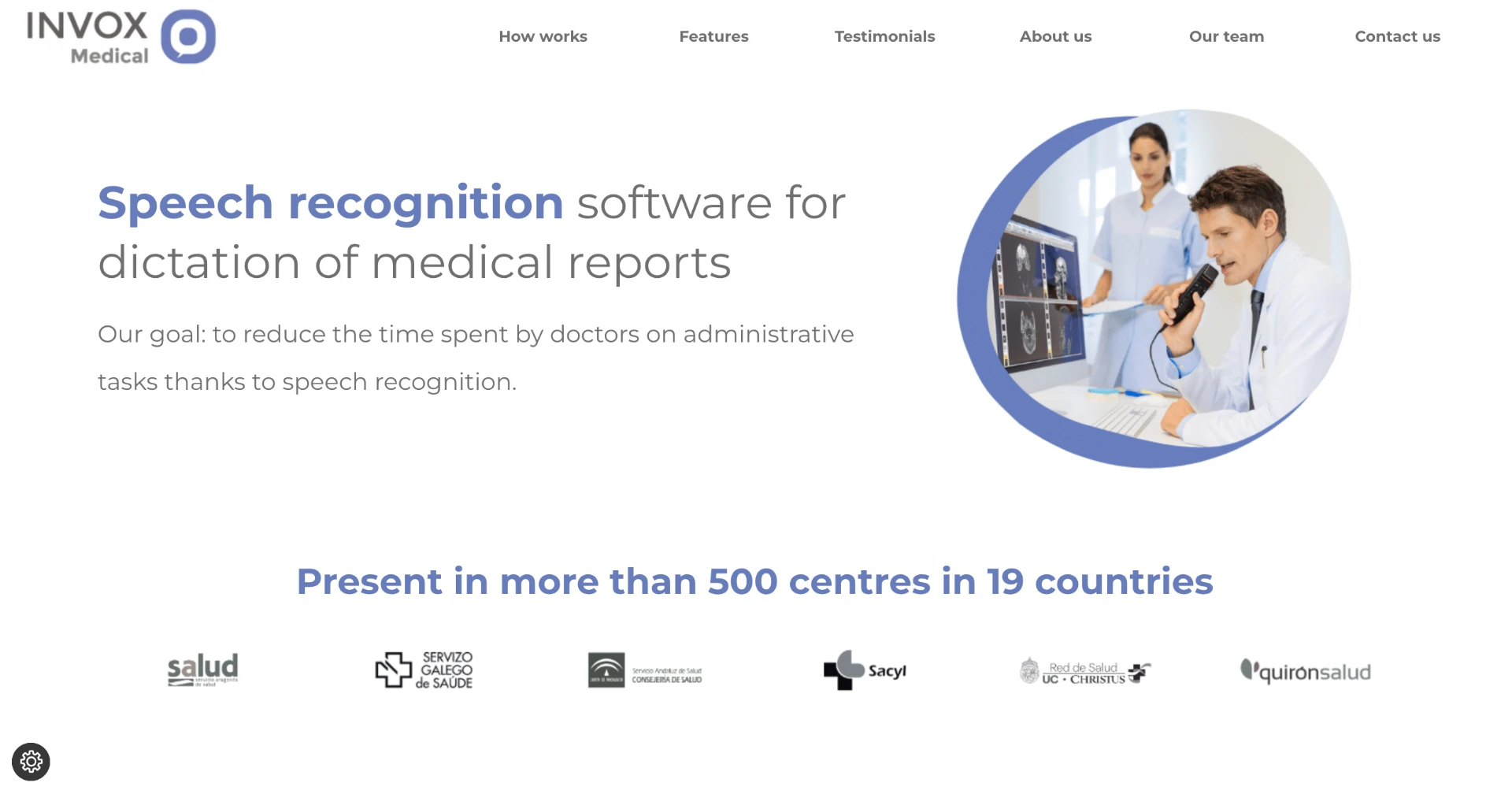 Home page with text "Speech Recognition Software for Dictation of Medical Reports" 