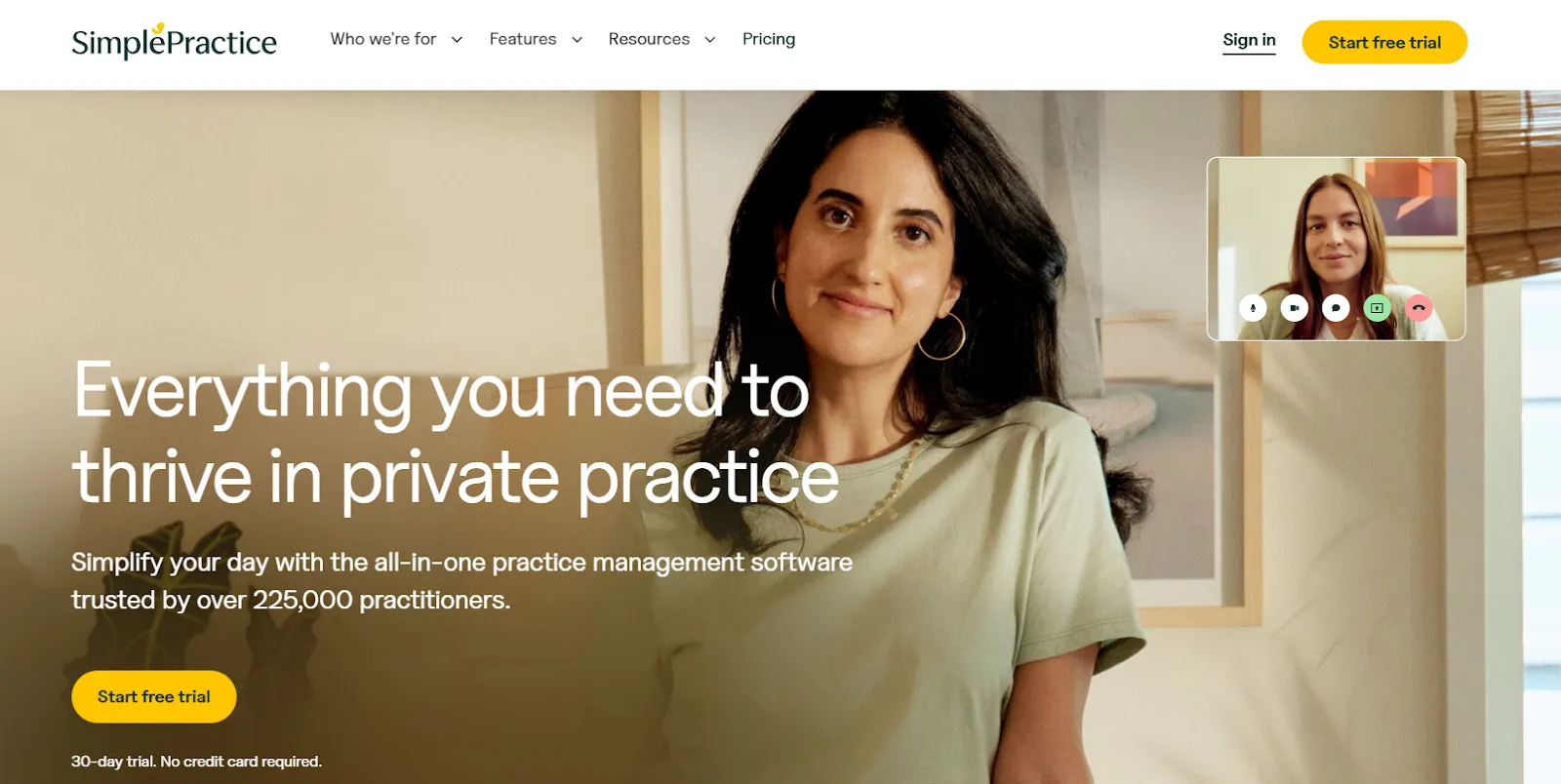 Simplepractice website home page with text "Everything You Need to Thrive in Private Practice"