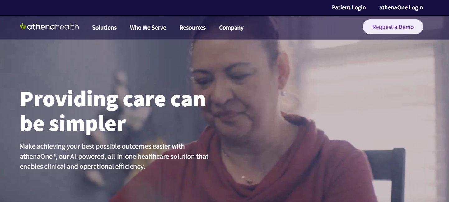 Athenahealth home page with text "Providing care can be simpler... all-in-one healthcare solution"