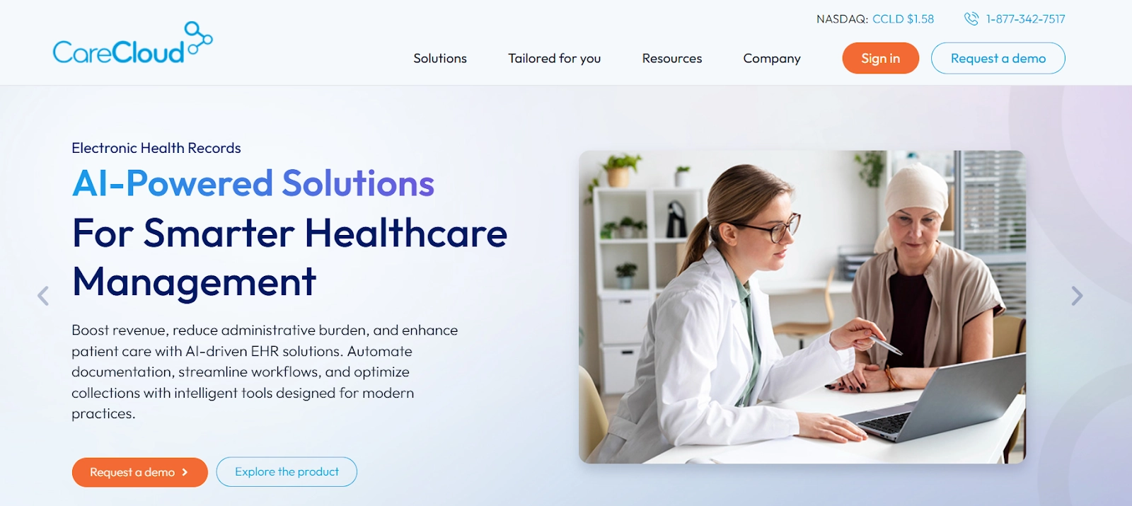 CareCloud home page: "AI-powered solutions for smarter healthcare management"