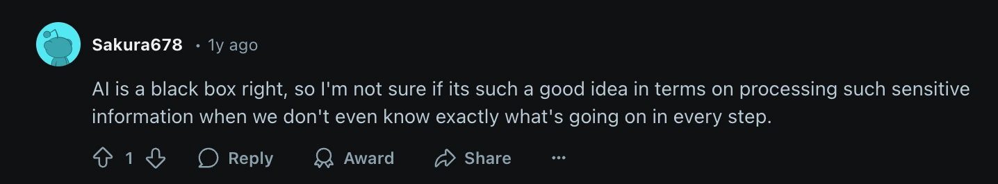 Reddit user voicing concerns on security of AI