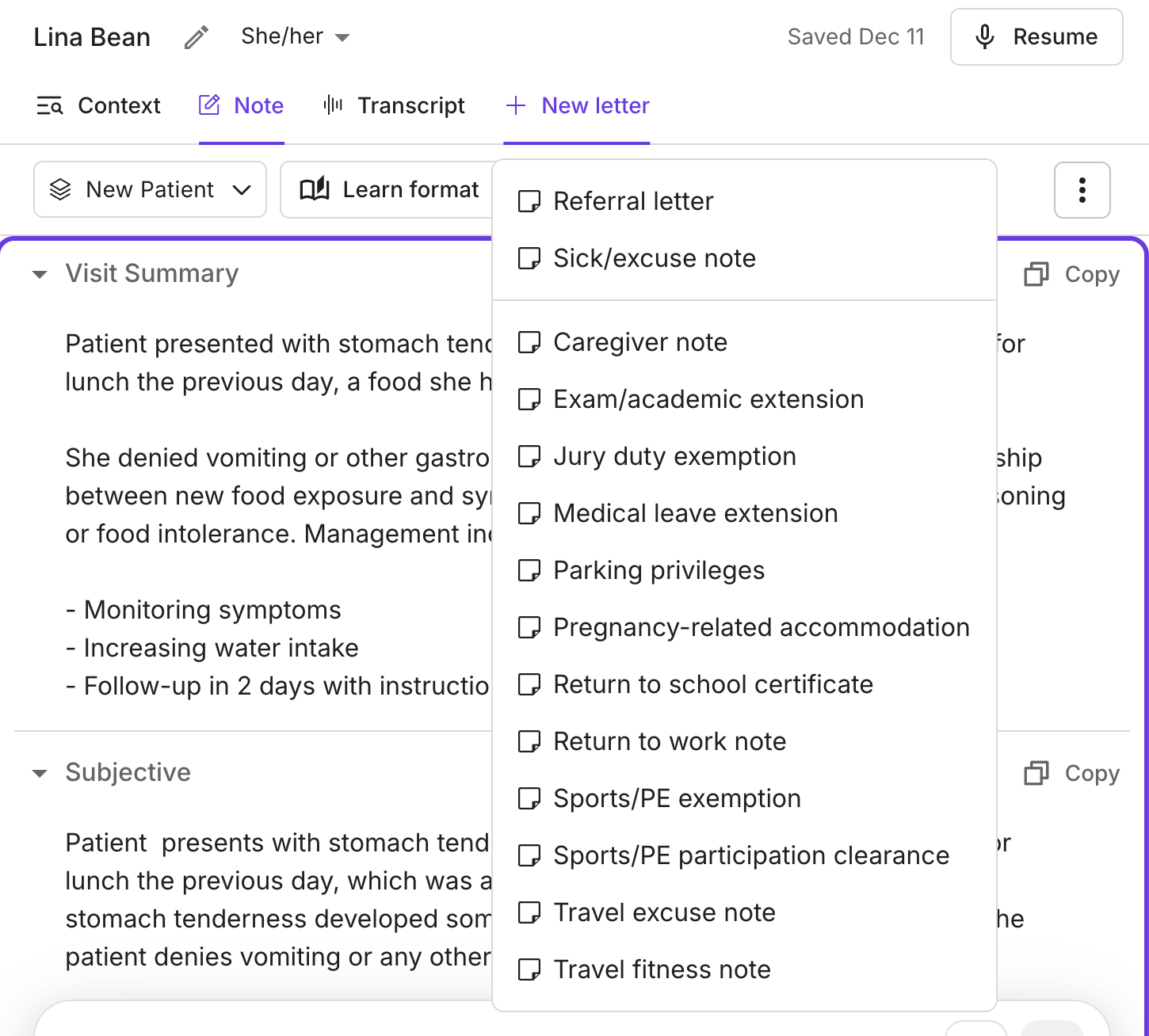 Patient letters with referral letters, sick/excuse notes, caregiver notes, extensions, and more